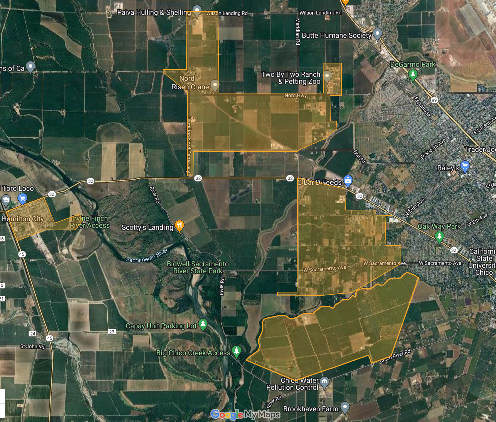 An aerial map view with labels, roads, fields, and points of interest like parks and a humane society.