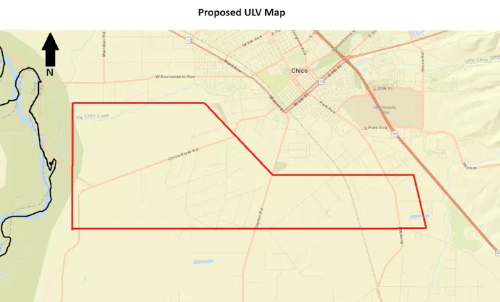 The image shows a proposed ULV map of an area near Chico, California, outlined in red with key landmarks and roads.