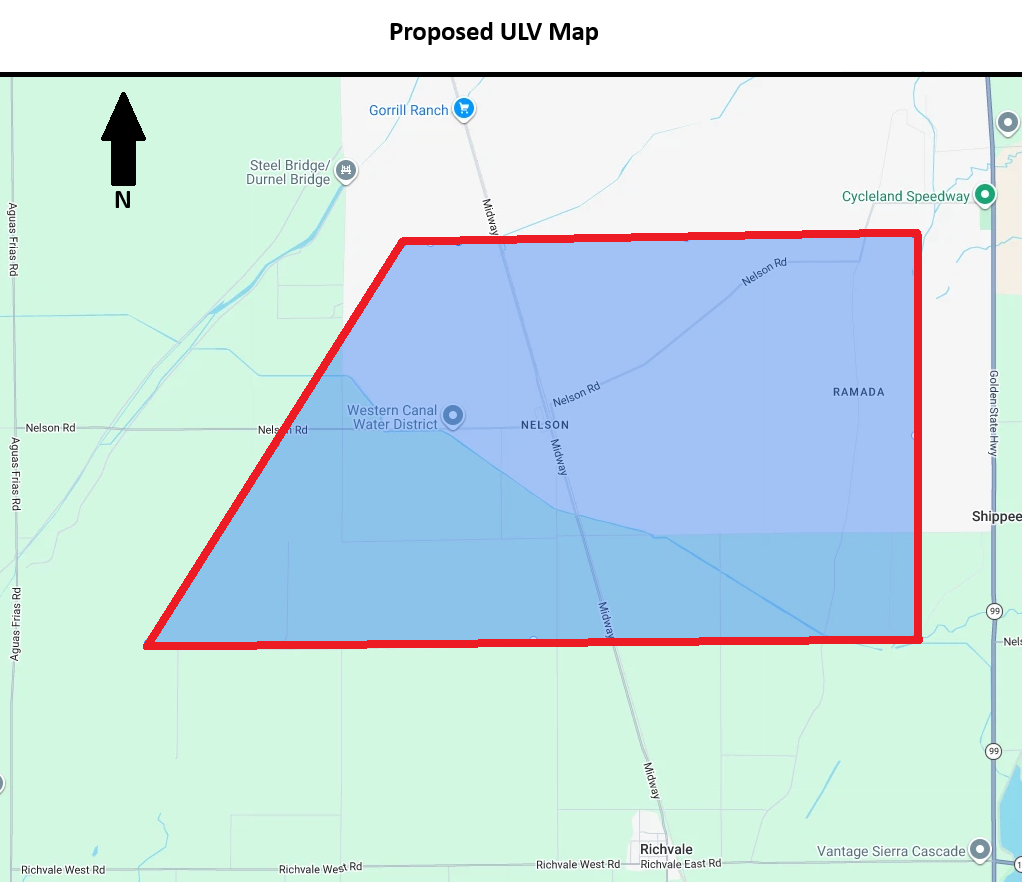 The image depicts a map section with a blue shaded area outlined in red, featuring roads and the location of the Western Canal Water District.