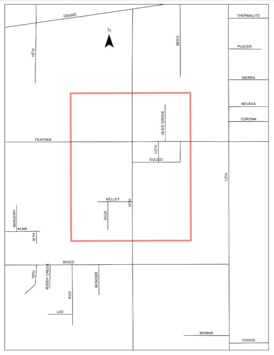 A map with streets labeled: Grand, Feather, 14th St, Olive Grove, Euclid, Biggs, Roy, and others. A red rectangle highlights a section.