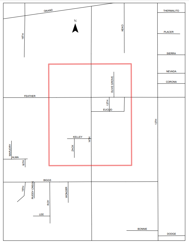 A map with streets labeled: Grand, Feather, 14th St, Olive Grove, Euclid, Biggs, Roy, and others. A red rectangle highlights a section.