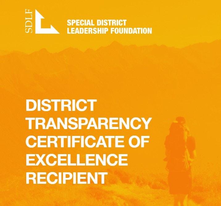 An award graphic for "District Transparency Certificate of Excellence" by Special District Leadership Foundation.