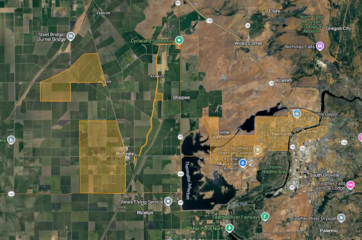 The image is a map showing areas around Richvale, Oroville, and landmarks like Cycleland Speedway and Feather River.