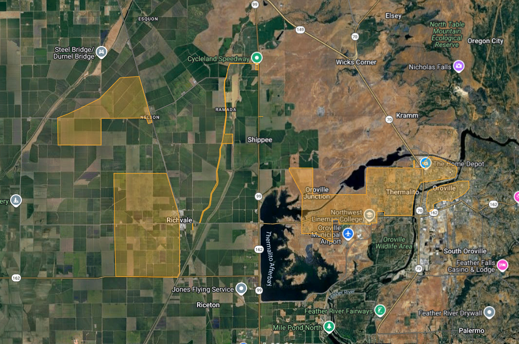 The image is a map showing areas around Richvale, Oroville, and landmarks like Cycleland Speedway and Feather River.