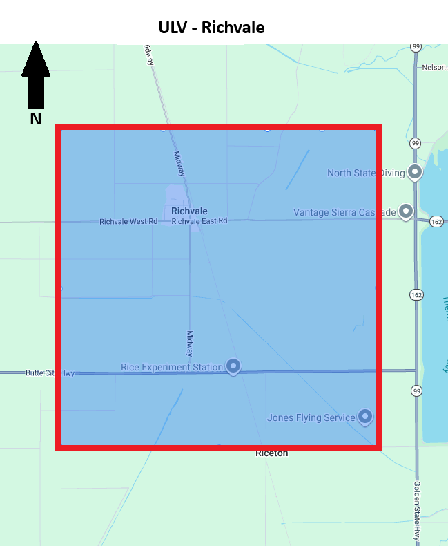 A map showing Richvale with marked roads, the Rice Experiment Station, and nearby areas. North is indicated at the top.