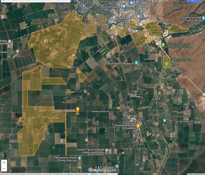 A satellite view of a landscape with marked areas, roads, and labels like "Nascere Vineyards" and "Patrick Ranch Museum."