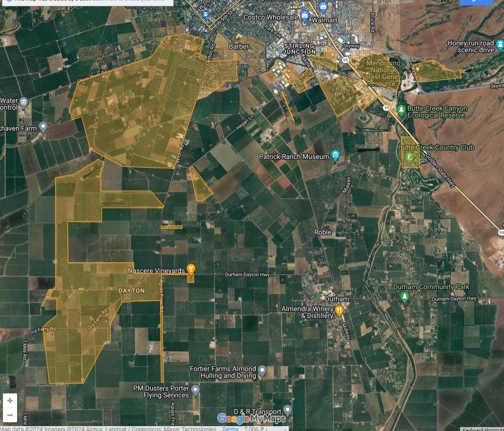 A satellite view of a landscape with marked areas, roads, and labels like "Nascere Vineyards" and "Patrick Ranch Museum."