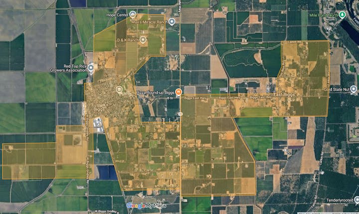 A satellite map view of Biggs, showing roads, agricultural fields, and marked locations like Biggs and East Biggs.
