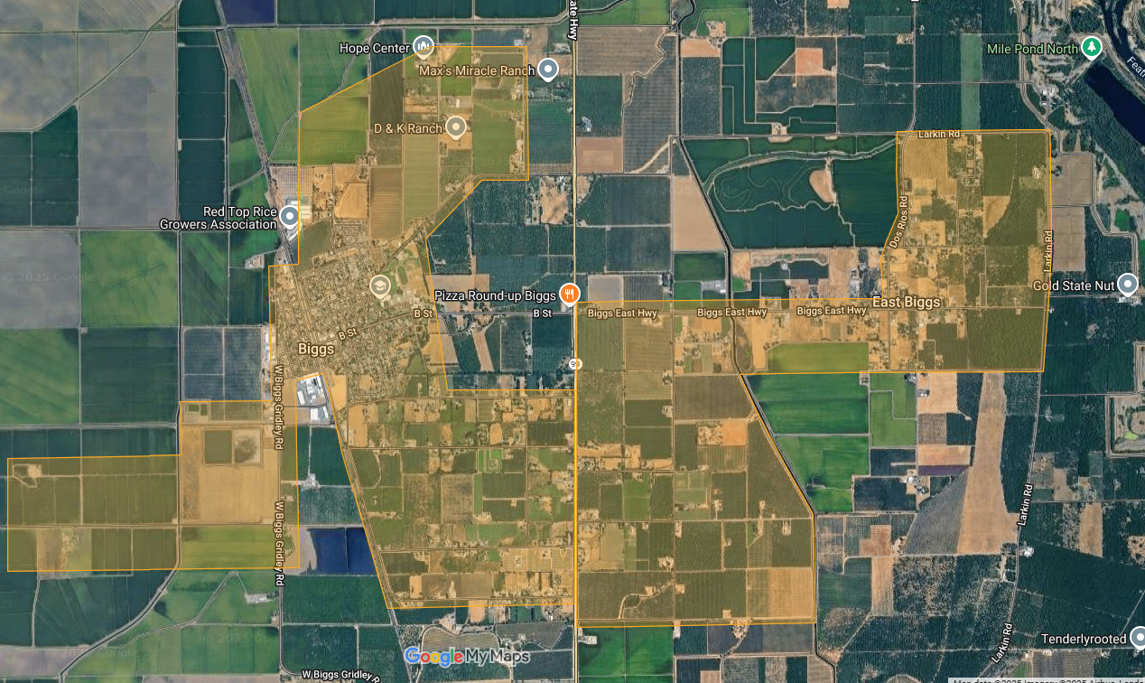 A satellite map view of Biggs, showing roads, agricultural fields, and marked locations like Biggs and East Biggs.