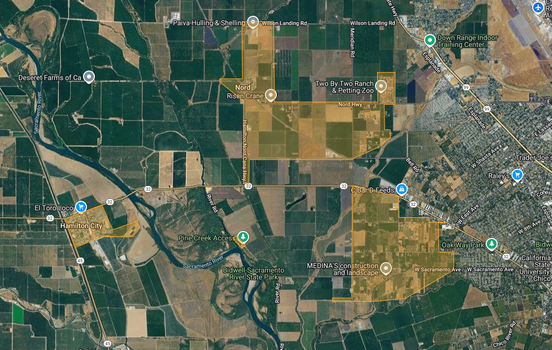 A satellite map view showing Hamilton City, agricultural fields, and landmarks like El Toro Loco and Trader Joe's.