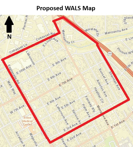 Map titled "Proposed WALS Map" with an area outlined in red, showing streets and a medical center.