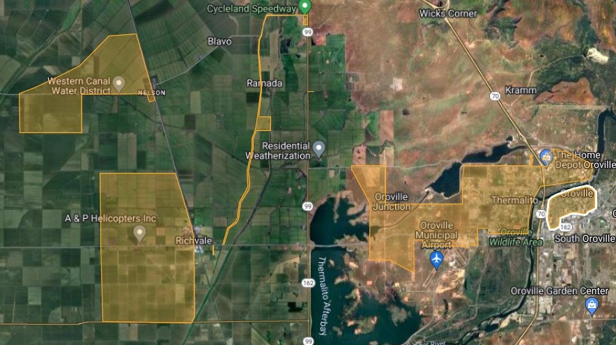 Aerial map marking locations like "Cyclone Speedway," "Western Canal Water District," and "Oroville Municipal Airport."