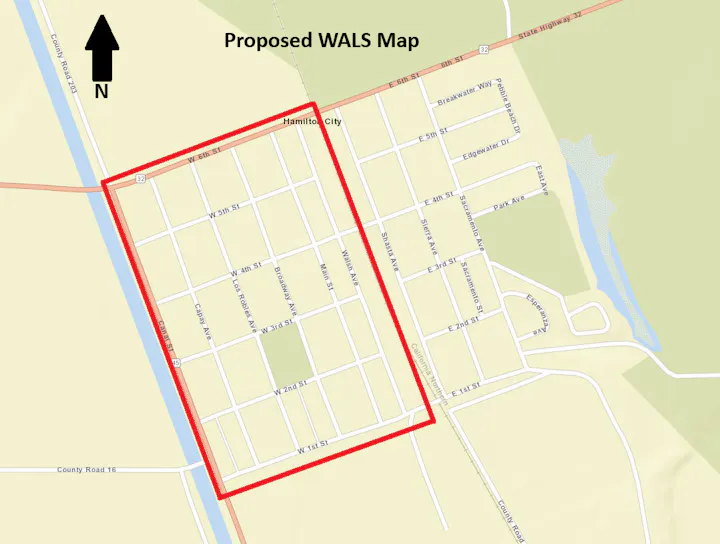 It's a proposed map outlining Hamilton City with street names and directions, bordered in red. North is indicated at the top.