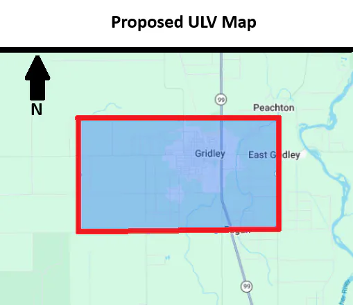 The image is a proposed ULV (Ultra Low Volume) map, highlighting areas around Gridley and East Gridley.