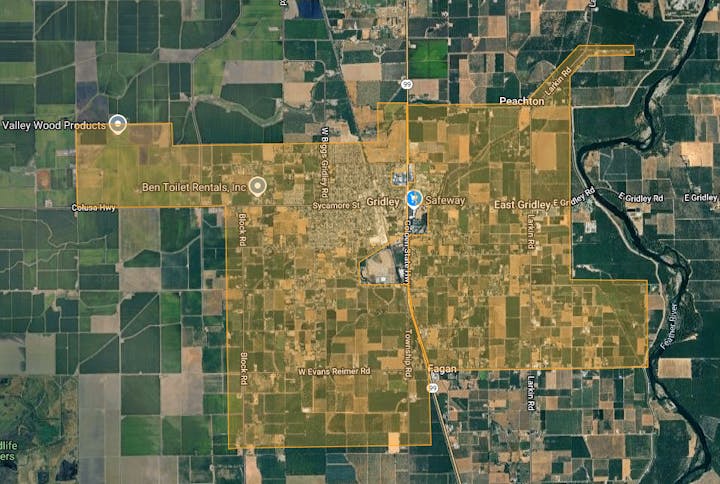 A satellite map showing Gridley, with highlighted boundaries and labeled landmarks like Safeway and Ben Toilet Rentals, Inc.