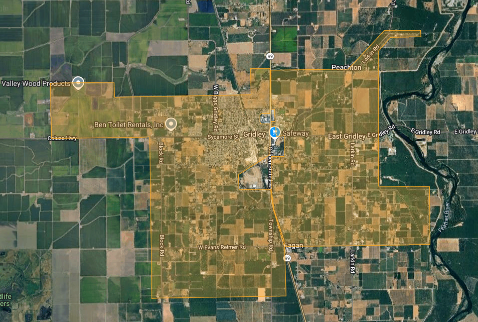 A satellite map showing Gridley, with highlighted boundaries and labeled landmarks like Safeway and Ben Toilet Rentals, Inc.