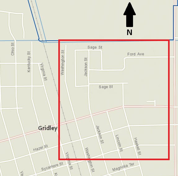 A map section showing streets in Gridley, including Washington, Kentucky, Jackson St, and Ford Ave, with a north directional arrow.