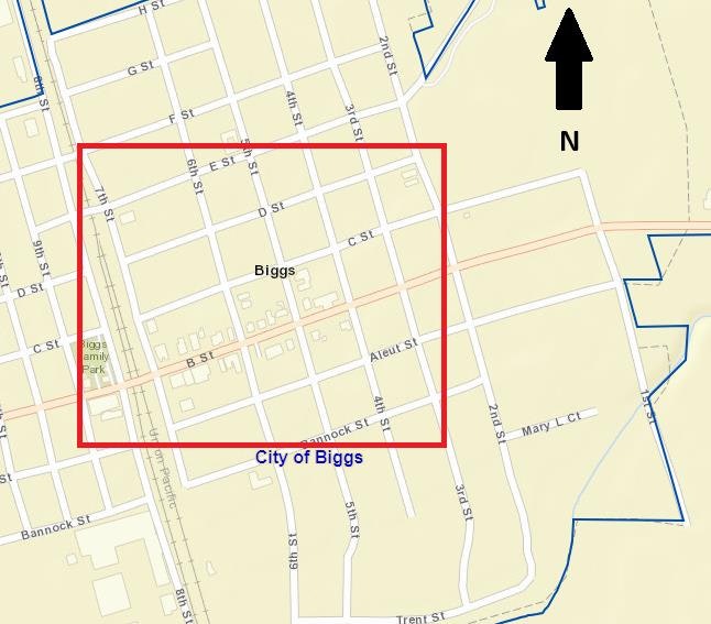 Map of the City of Biggs with highlighted area, streets labeled, and a north arrow.