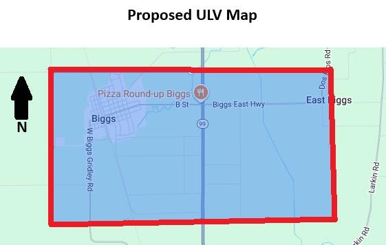 Map showing a proposed ULV area in Biggs, marked with a red border and labeled locations for Biggs and East Biggs.