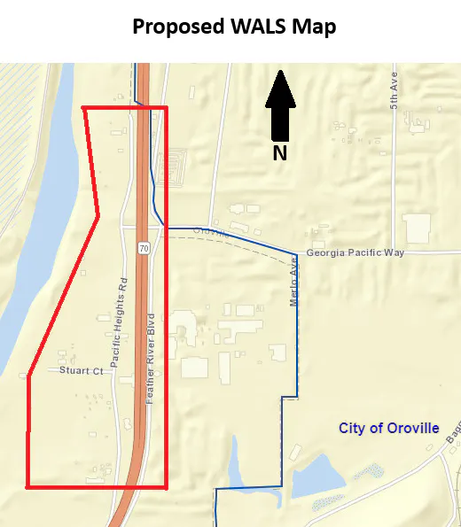 A map labeled "Proposed WALS Map" highlighting specific areas near the City of Oroville, with a north arrow indicated.