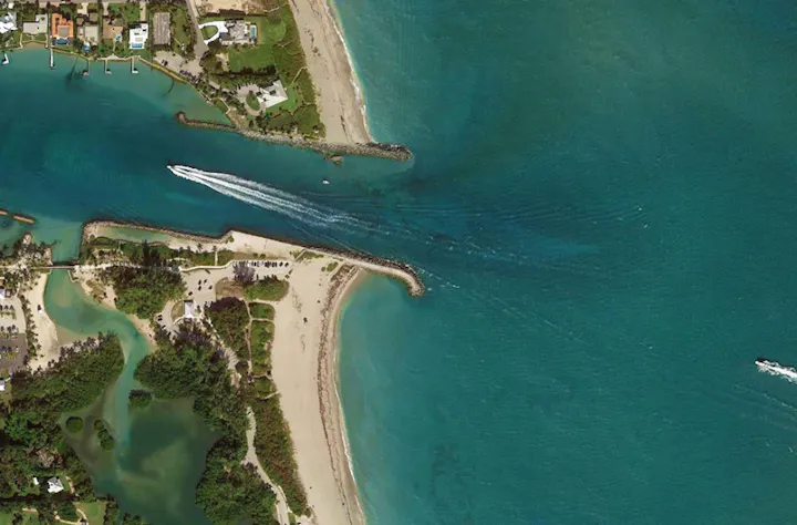 high altitude aerial view of jupiter inlet looking straight down