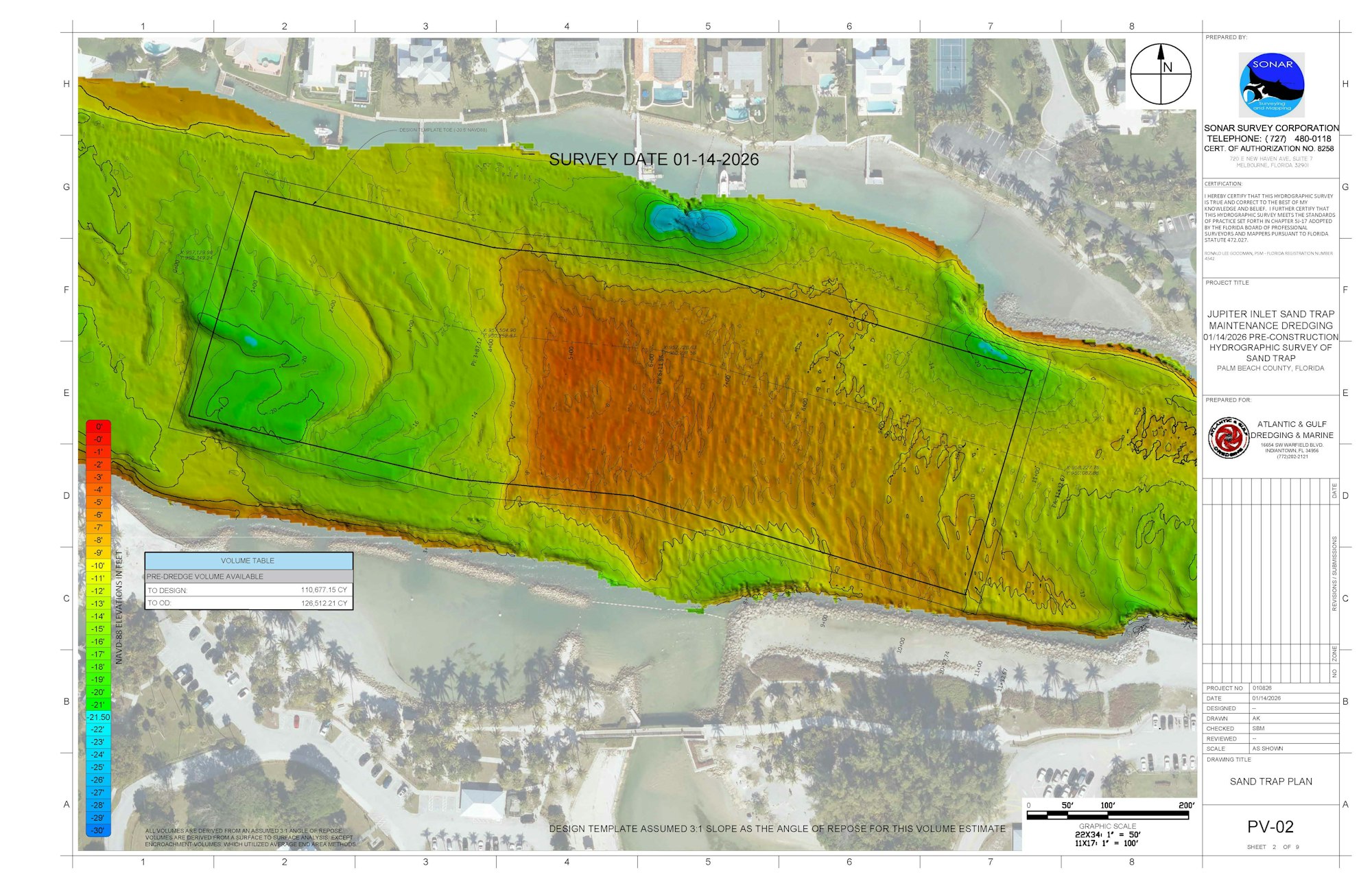 The image shows a hydrographic survey map for a sand trap maintenance project in Jupiter Inlet, Florida, dated January 14, 2026.