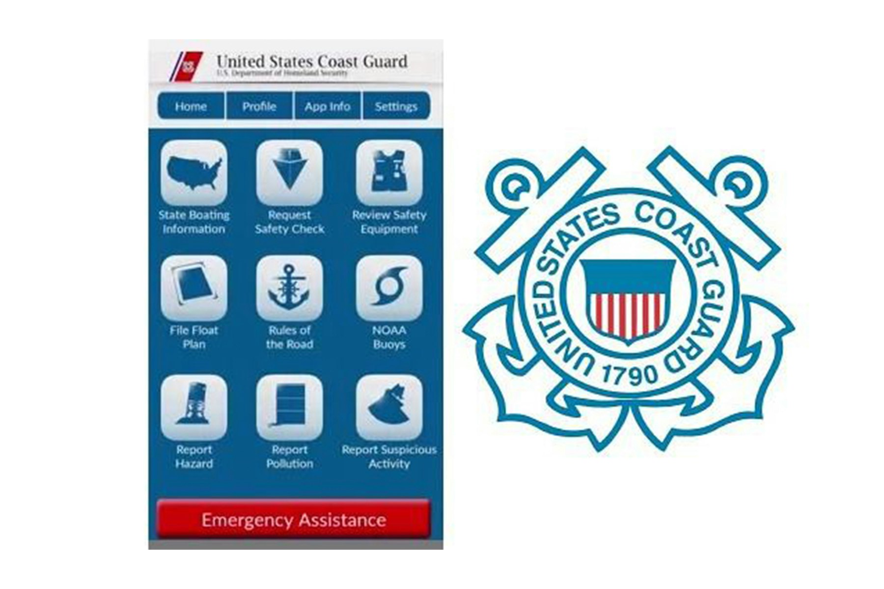 U.S Coast Guard logo with app home screen