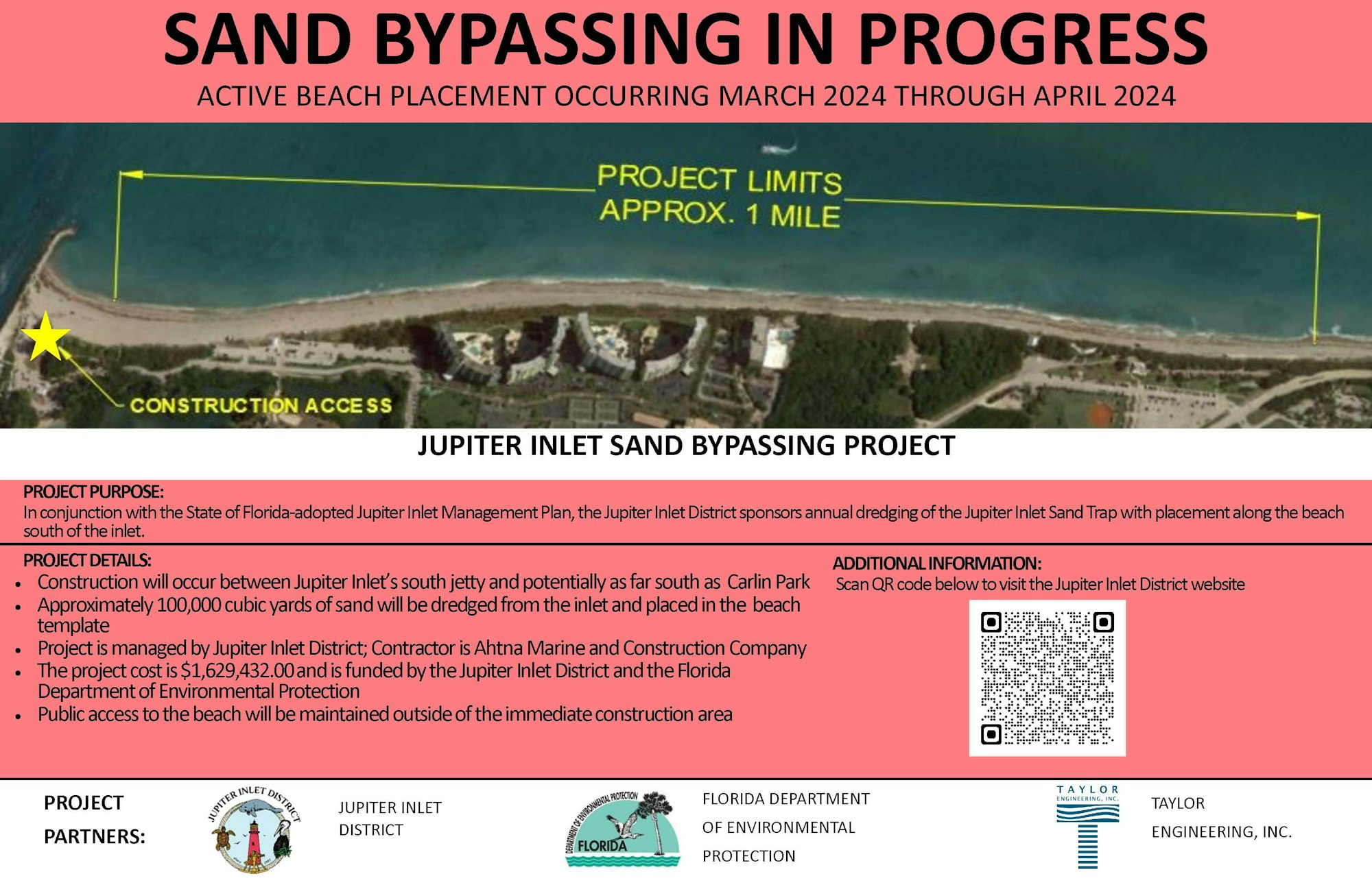 A 2024 informational sign about the Jupiter Inlet Sand Bypassing Project with active beach placement, showing project details, cost, and partners.