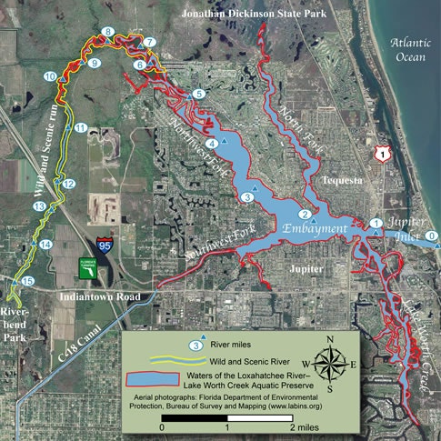 map of the Loxahatchee River Lake Worth Creek Aquatic Preserve with boundary markers. Please call the District at (561) 746-2223 for a detailed description.