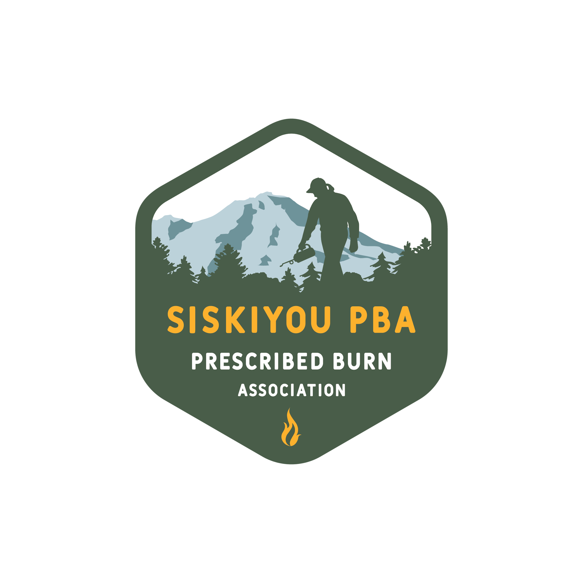 Siskiyou Prescribed Burn Association logo of a woman outlined in green, carrying a drip torch with trees and Mount Shasta in the background