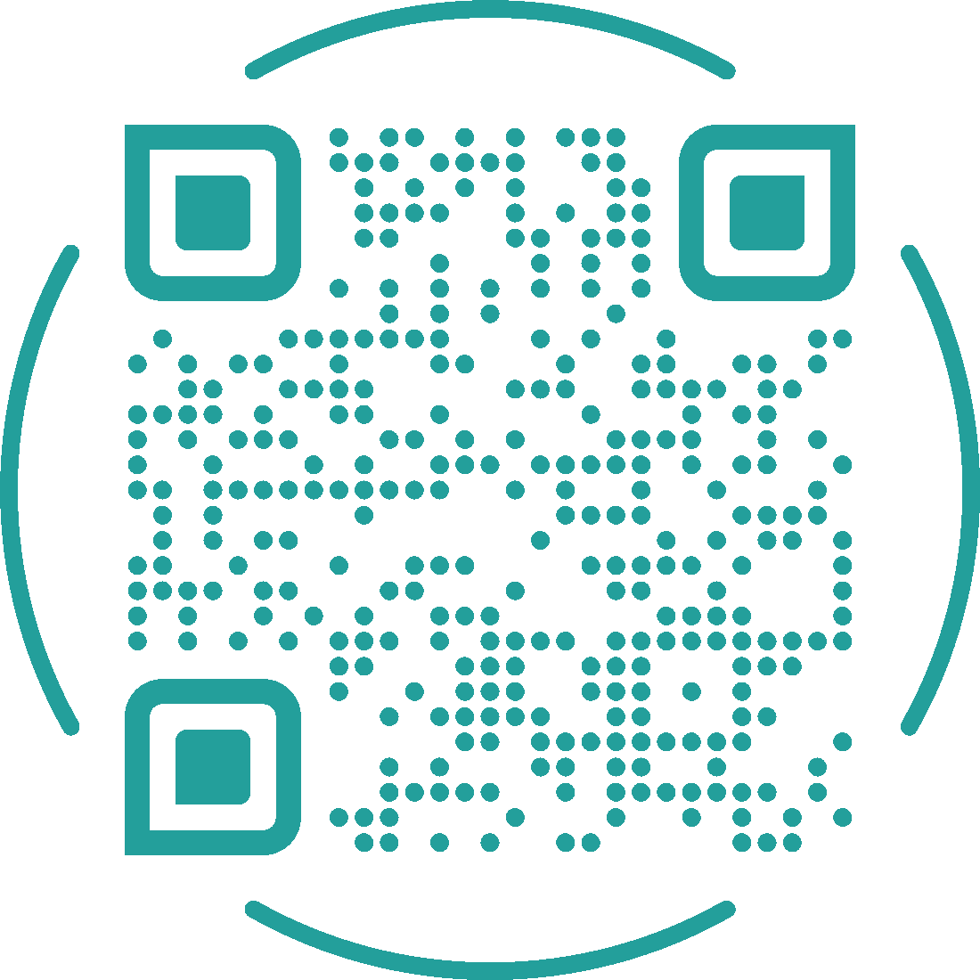 A teal QR code with rounded corners and circular patterns on a black background.