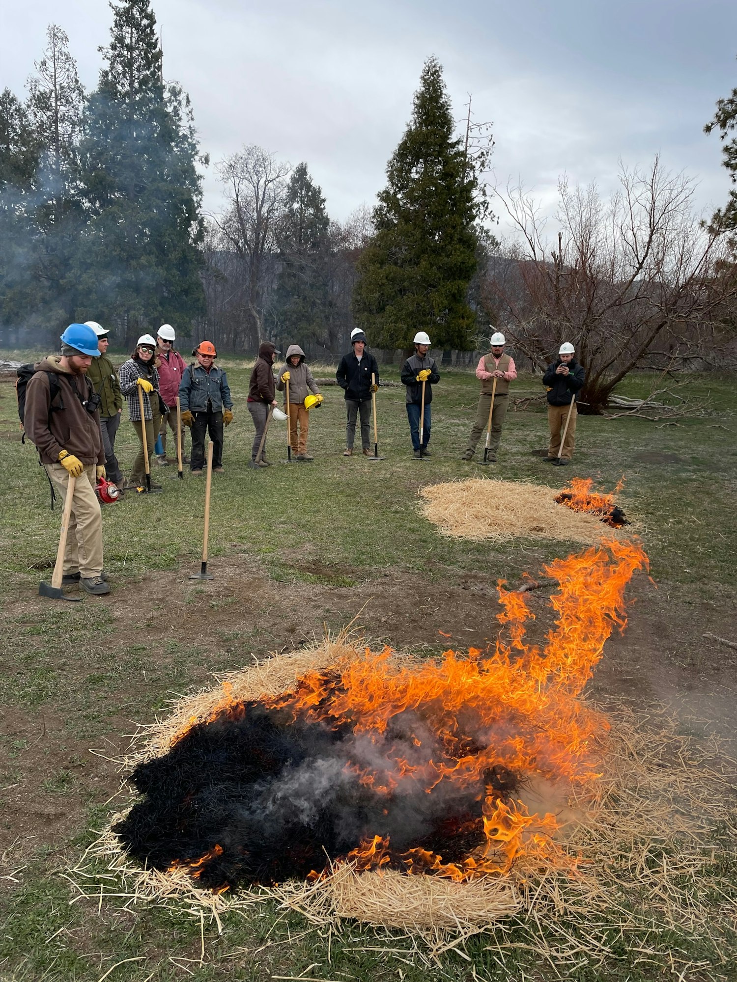 Fire-lighters in training observe fire behavior in piles of straw