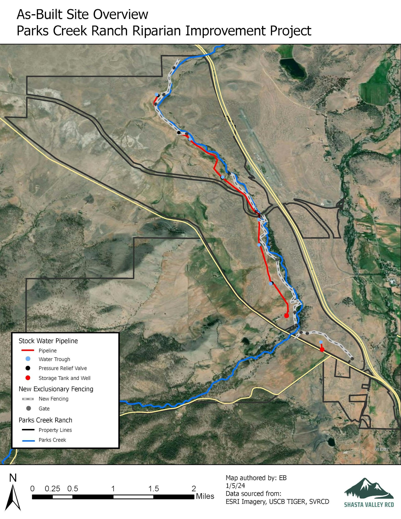 Map of a riparian improvement project with annotations for pipelines, fencing, and water management infrastructure.