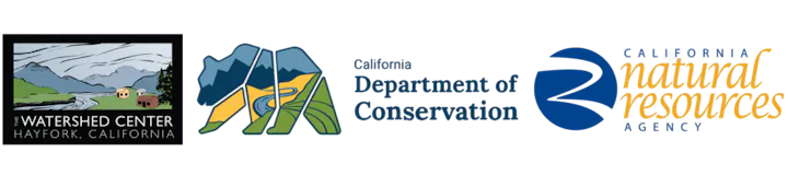 The image features logos from The Watershed Center (Hayfork, CA), California Department of Conservation, and California Natural Resources Agency.