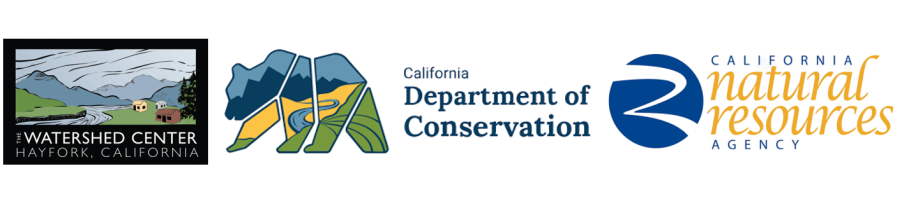 The image features logos from The Watershed Center (Hayfork, CA), California Department of Conservation, and California Natural Resources Agency.