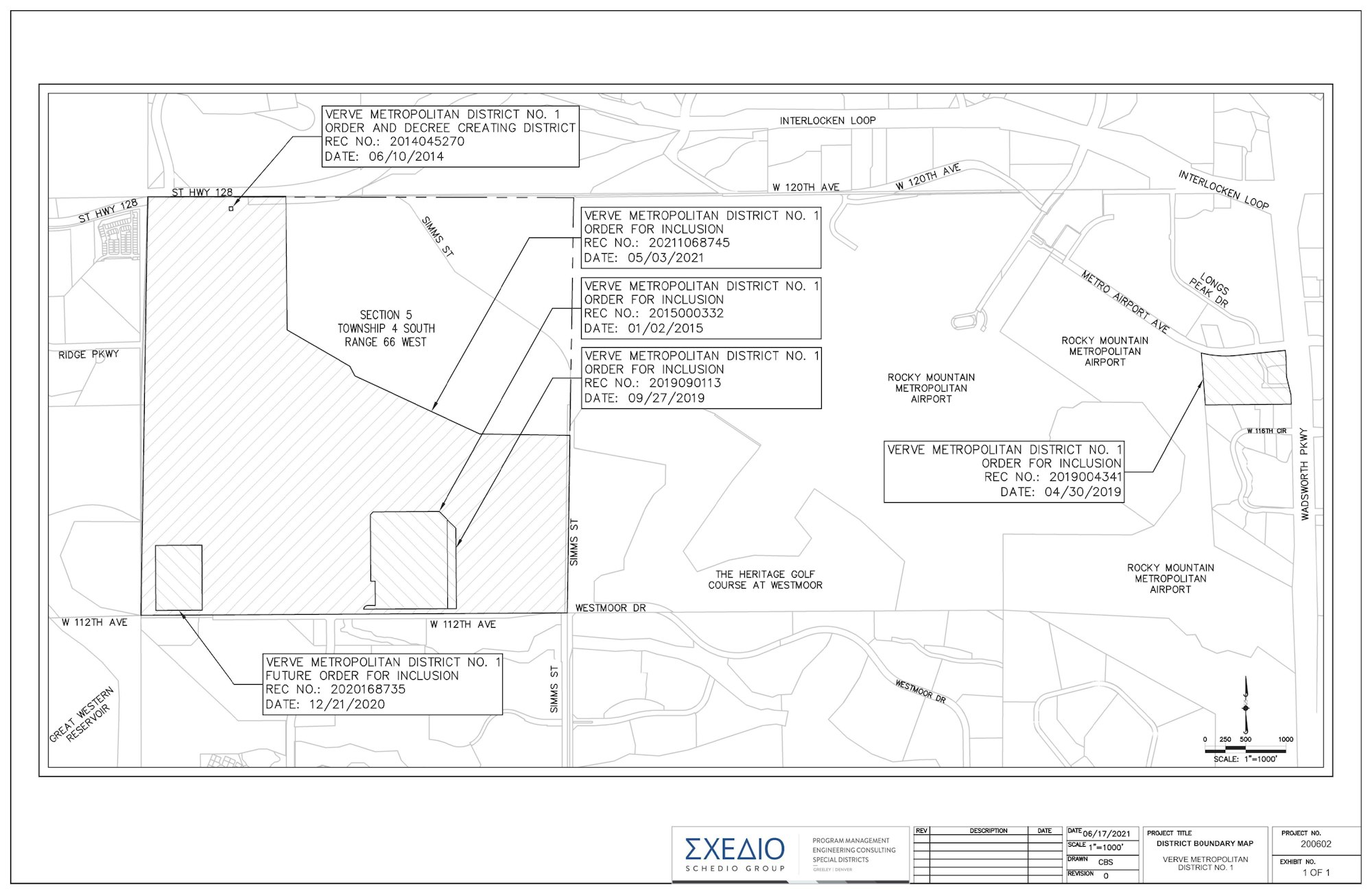 Map showing the Verve Metropolitan District No. 1 boundaries, generally located south of W. 120th Avenue and north of W. 112th Avenue in the City and County of Broomfield and Jefferson County, Colorado