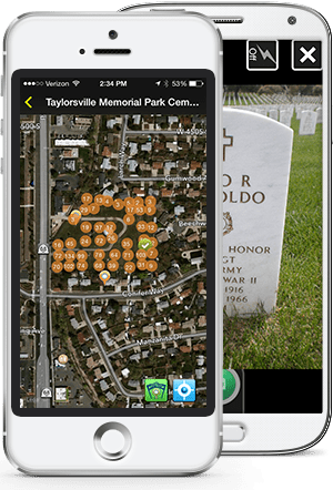 Smartphone showing a cemetery map with location markers on a GPS app, symbolizing technology bridging the past and present.