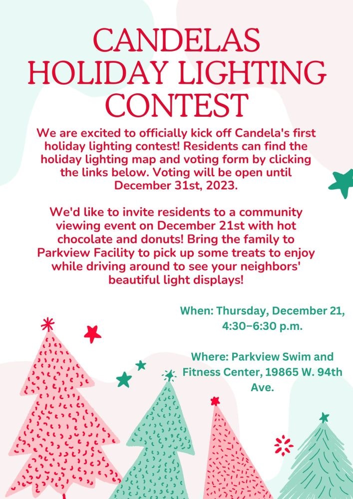 A flyer for Candelas Holiday Lighting Contest with event details and Christmas tree graphics.