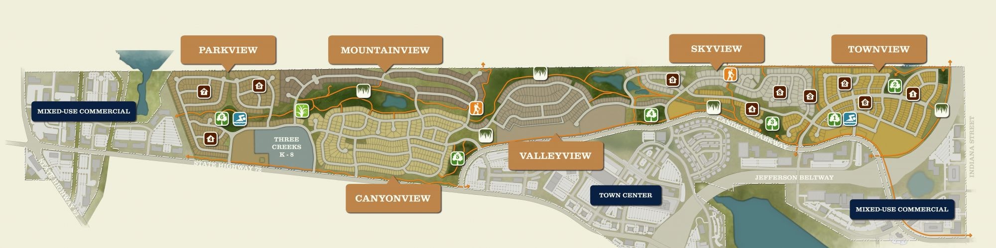 Illustrated master plan map showing different zones like "Parkview" and "Townview" with symbols for amenities and routes.