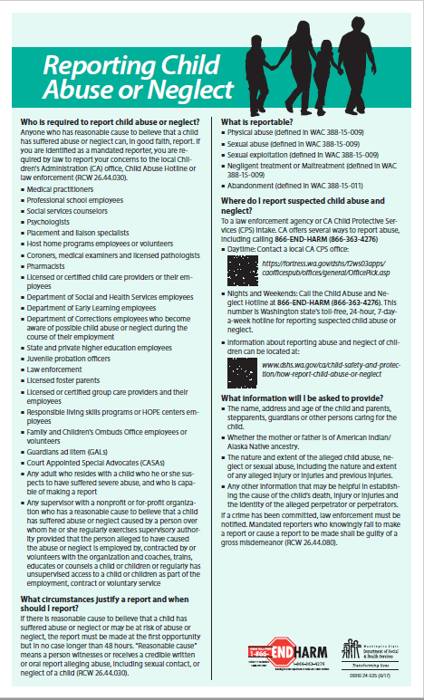 The image displays a poster with information about "Reporting Child Abuse or Neglect" including who should report, what is reportable, and contact details for reporting.