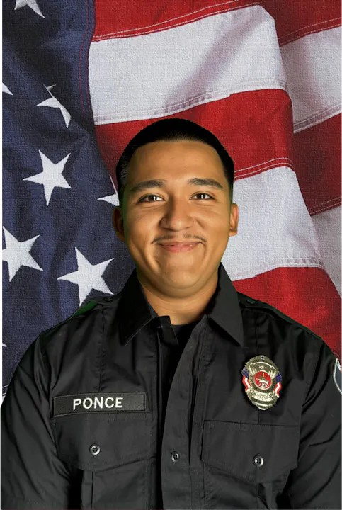 The image features a smiling individual in a police uniform with the name "Ponce," set against an American flag backdrop.