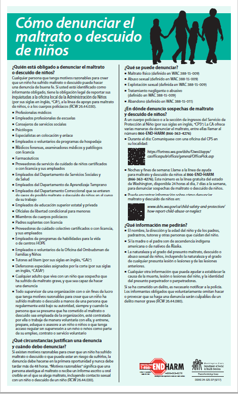 Spanish flyer on how to report child abuse or neglect, with silhouettes of adults and a child, contact info, and a logo saying "END HARM."