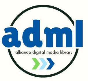 A logo with the text "adml alliance digital media library" with stylized blue text and green arrows.