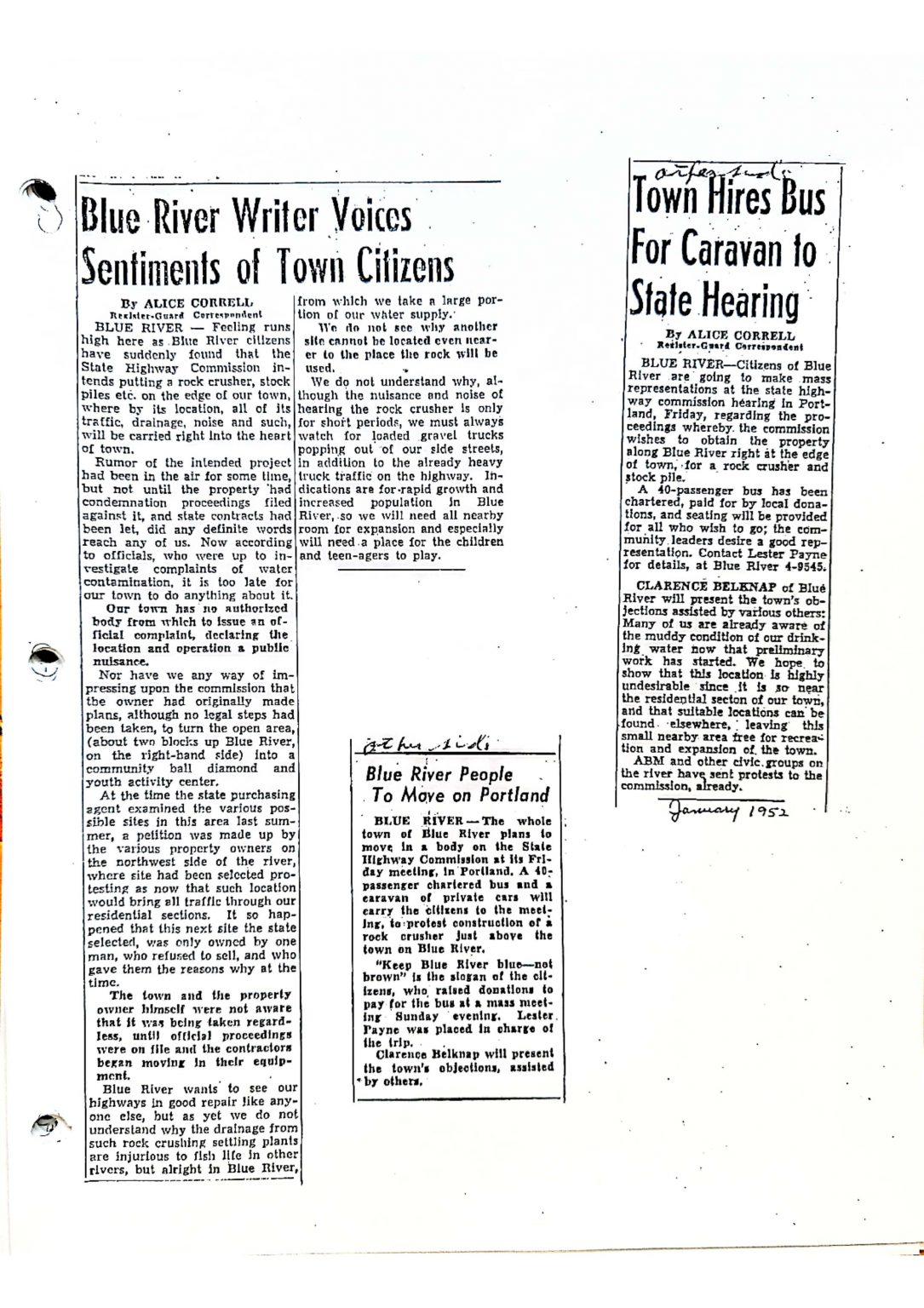 Newspaper clippings about community concerns in Blue River regarding a rock crusher and a bus hired for a caravan.