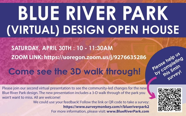 Advertisement for a virtual design open house for Blue River Park with date, time, Zoom link, and a QR code for a survey.
