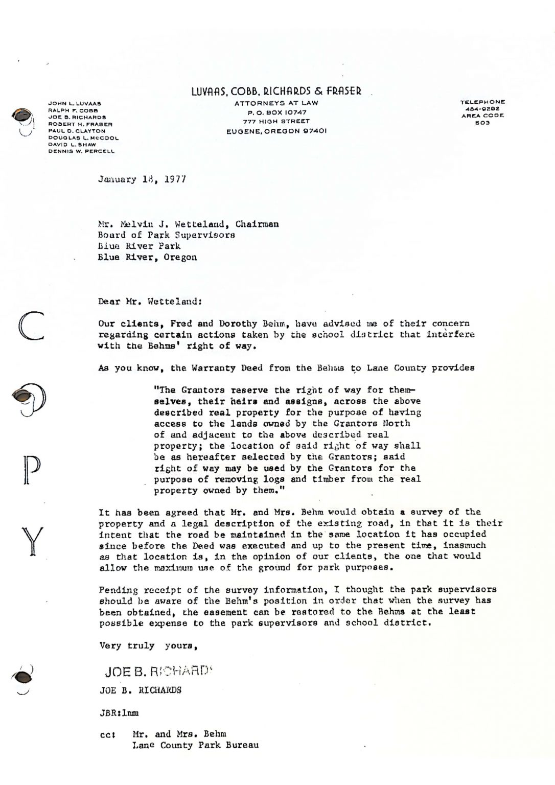 A 1977 letter from a law firm regarding a right of way issue for clients Fred and Dorothy Behm.