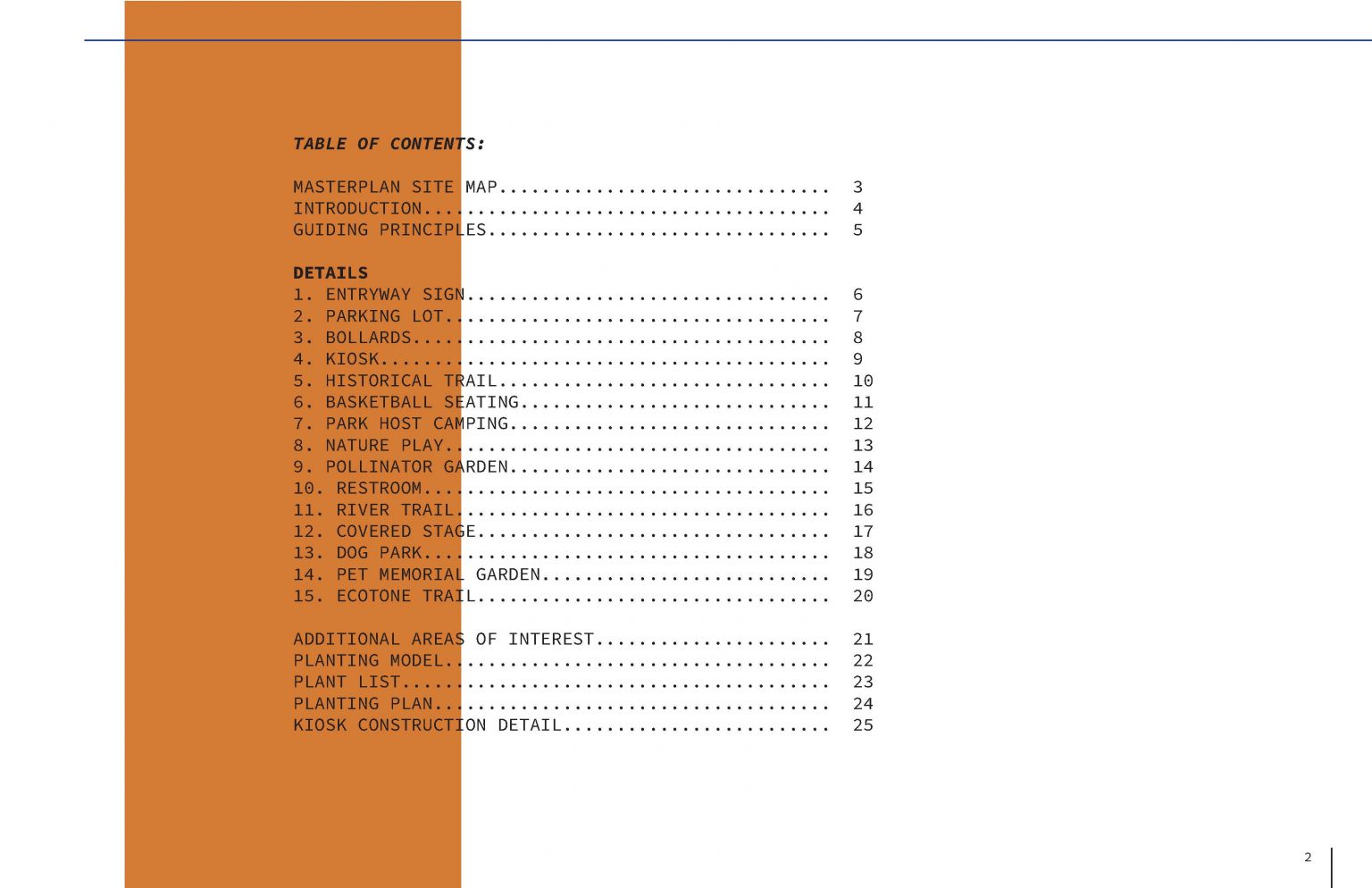 Table of contents for a masterplan, including park details and additional areas of interest.