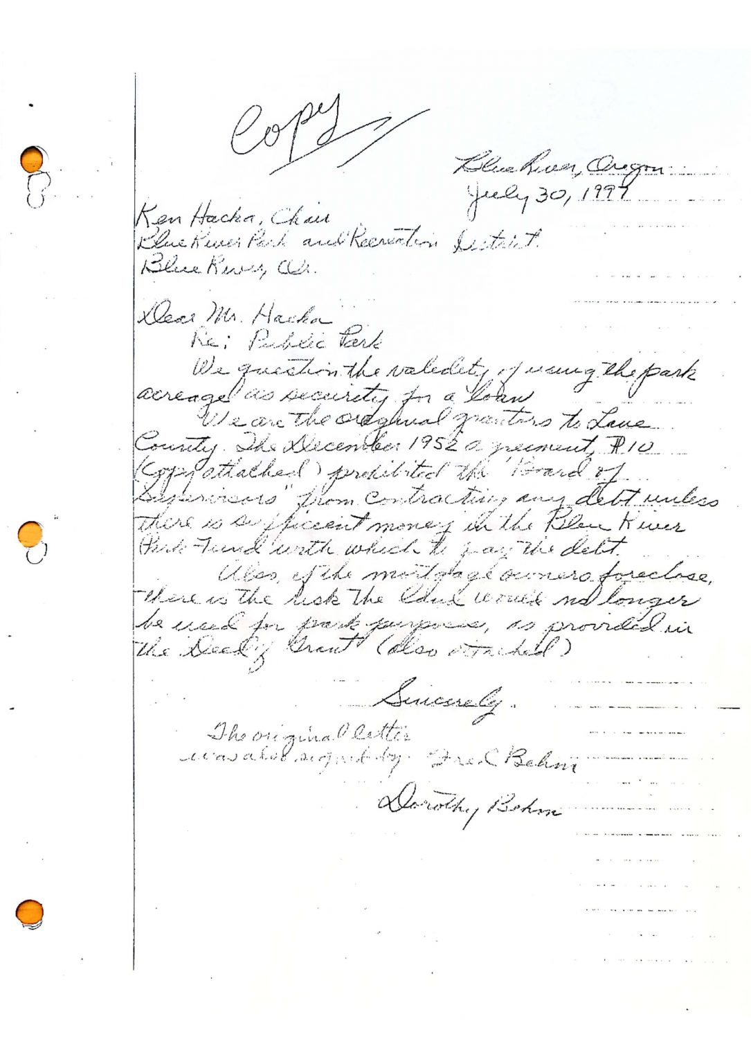 A document titled "Copy" with handwritten text and signatures, dated July 30, 1977.