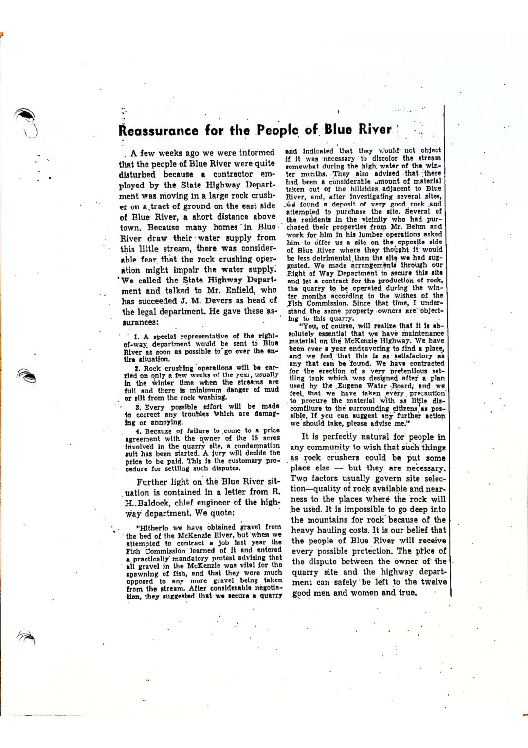 Scanned document expressing reassurances to Blue River residents about local rock crushing operations and water supply concerns.