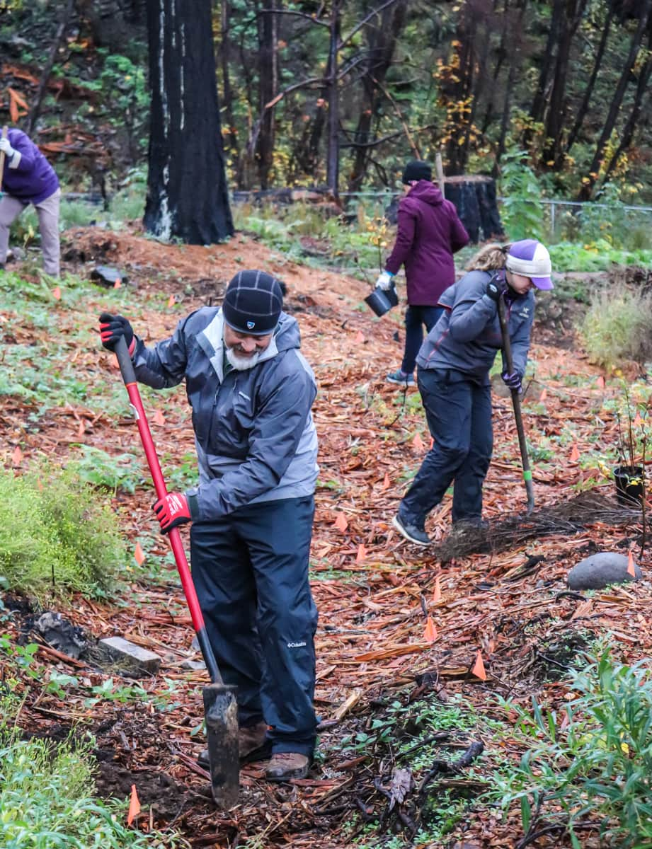 People working outdoors with tools, likely a community cleanup or conservation effort, surrounded by trees and fallen leaves.